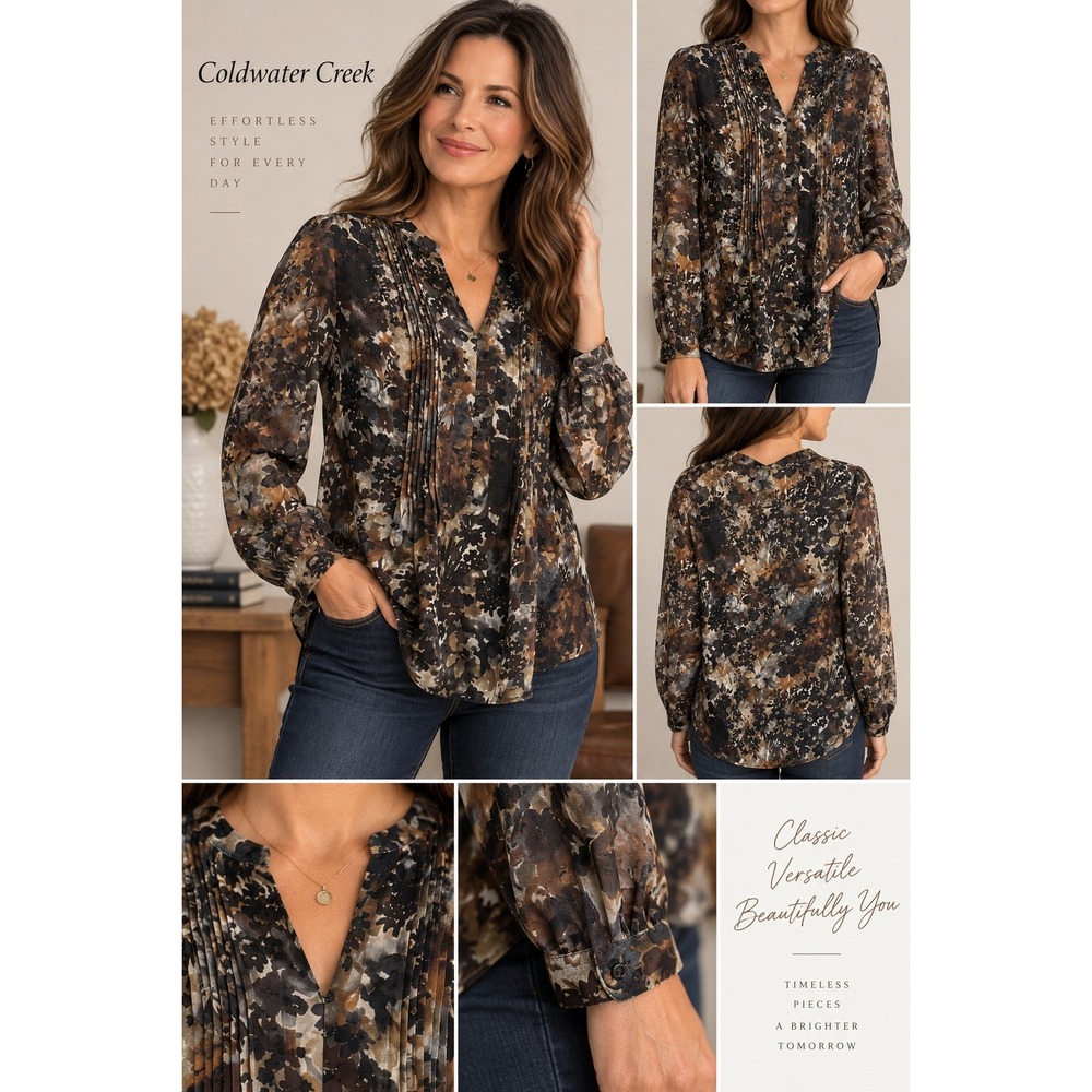 Coldwater Creek Womens Floral Sheer Blouse Pintuck Long Sleeve NWOT